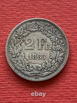 2 Swiss Francs Silver 1863, Very Beautiful Coin, Rare