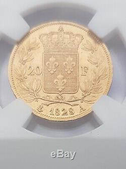 20 Francs Gold Charles X 1828 Gold Paris 5 Leaves, Spl, Very Rare Condition