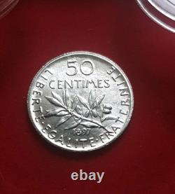 50 centimes of French franc, very rare silver Semeuse, year 1897, in very fine condition