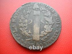 Constitution Louis XVI Very Rare 2 Sols of Bronze 1793/2 Year 5/4 Clermont-Ferrand
