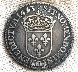 France Louis XIII Very Rare 1/4 Quarter Ecu 1643 D (Lyon) (R4)