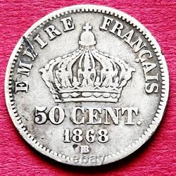France very rare variety 50 centimes 1868 BB Strasbourg Napoleon III LR2