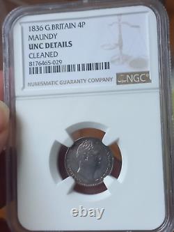 GE16! VERY RARE! 4 PENCE 1836 MAUNDY SILVER ENGLAND NGC 2574 ex