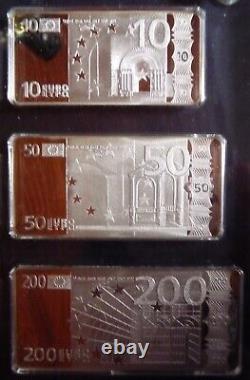 Grand Set 7 Euro Banknotes 2002 in 925% Sterling Silver Beautiful Proof Very Rare