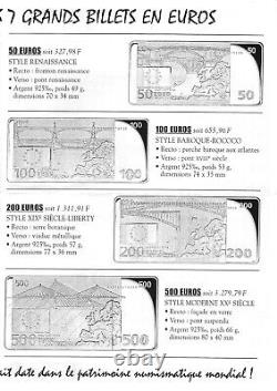 Grand Set 7 Euro Banknotes 2002 in 925% Sterling Silver Beautiful Proof Very Rare