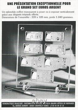 Grand Set 7 Euro Banknotes 2002 in 925% Sterling Silver Beautiful Proof Very Rare