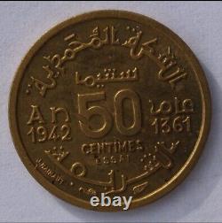 ISLAMIC / ARABIC / MOROCCO Very Rare 50 centimes trial coin 1942 / 1361