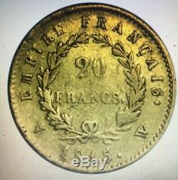 Napoleon I Hundred Days Very Rare Gold 20 Francs 1815 W Lille Rrr, Ex 9345