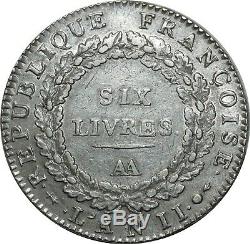O1598 Rare Ecu 6 Books Convention Louis XVI 1793 Aa Metz Silver Ttb