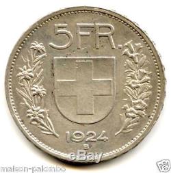 Switzerland Republic 5 Francs Silver 1924 B Very Rare