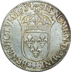 T1472 Very Rare Half 1/2 Ecu Louis XIV The Long Fuse 1654 H Silver Rochelle