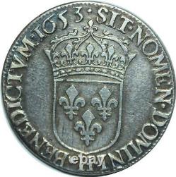 T1481 Very Rare Half 1/2 Ecu Louis XIV M Long 1653 H La Rochelle Silver