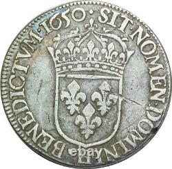 T1486 Tres Rare Half 1/2 Ecu Louis XIV M Long 1650 H La Rochelle Silver