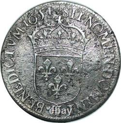 T1511 Very Rare Half 1/2 Ecu Louis XIV M Long 1651 H La Rochelle Silver