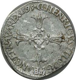 T3904 Rare R3 Henry IV Quart Ecu Silver Cross 1595 Leafy Face Lyon