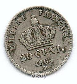 To Seize Very Rare Coin Of 20 Centimes Napoleon III Silver 1864 Bb! Top N ° 2