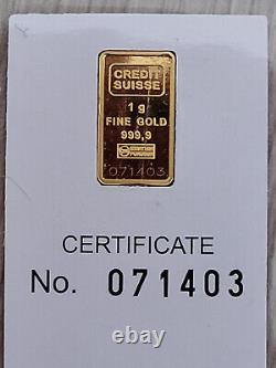 VERY RARE CREDIT SUISSE Pure Gold 1g Bar at 999.9 / VALCAMBI Liberty MINI GRAN