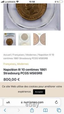 Very Rare 10 Centimes Napoleon III 1861 BB Strasbourg PCGS MS64 SPL++