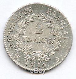 Very Rare 2 Francs Napoleon Emperor Silver Year 14 A