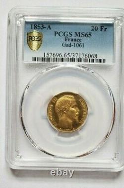 Very Rare And Beautiful 20-franc Gold Coin 1853 A Napoleon III Pcgs Ms65