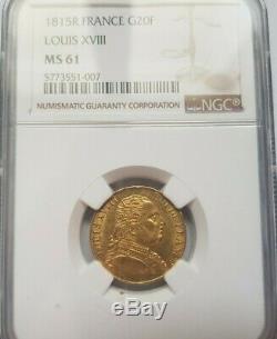 Very Rare And Beautiful Piece Of 20 Gold Francs In 1815 Louis XVIII London Ngc Ms61