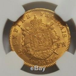 Very Rare And Exceptional Piece Of 20 Gold Francs 1869 A Napoleon III Ngc Ms64