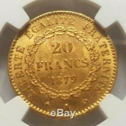 Very Rare And Splendid Piece Of 20 Francs 1879 A Ngc Ms63 Anchored Variety Barred