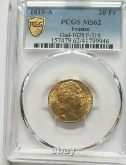 Very Rare And Splendid Piece Of 20 Francs Gold 1819 A Louis XVIII Ms 62 Pcgs