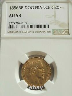 Very Rare, Beautiful Piece Of 20 Francs Gold 1856 Bb Variety Dog Bee Ngc Au53