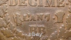 Very Rare Directoire Decime by Dupre Year 7bb Strasbourg, 7/5, Bb/a, Gerbe/corne