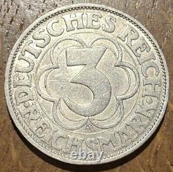 Very Rare Piece Of 3 Reichs Marks Silver 1927 A (623) 100000 Copies