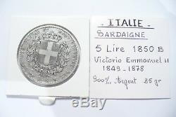 Very Rare Pretty Currency Silver Ecu V. E. II 5 Lire Italy 1850 B Turin Tb +