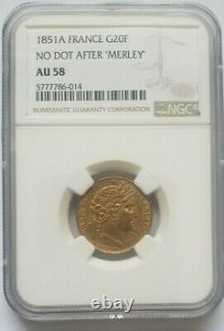 Very Rare, Superb 20-franc Gold 1851 A No-point Coin After Merley Ngc Au58
