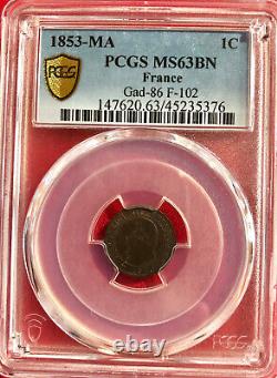 Very rare 1 cent Napoleon III 1853 MA (Marseille) graded PCGS MS 63 Quality