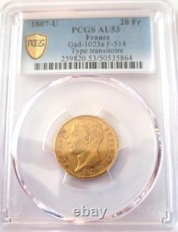 Very rare and superb piece of 20 francs gold 1807 U Turin Napoleon I PCGS AU53 Top
