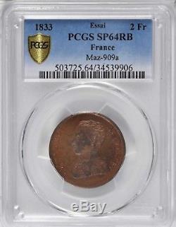 2 Francs 1833 Henri V en Bronze PCGS MS64 Plus haut grade connu très rare R3