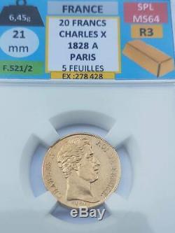 20 Francs or Gold Charles X 1828 A Paris 5 feuilles, SPL, État trés rare