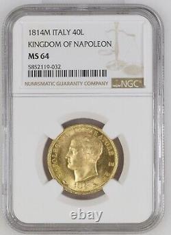 40 Lire napoléon 1814 Milan NGC MS64 Fleur de coin très rare Qualité