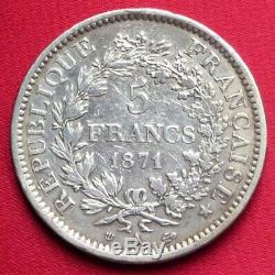 5 Francs Hercule Argent 1871 A (camélinat) Rare Ttb Très Bel Exemplaire