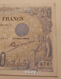 BANQUE DE FRANCE 20 FRANCS NOIR du 27 Juillet 1904 billet très Rare (scotché)