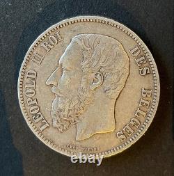 Belgique Léopold II Très Jolie et Rare 5 francs 1865 en Argent date