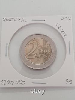 Erreur! Pièce de 2 euro, 2002, Portugal. Très rare. Unique. Piece avec defaut