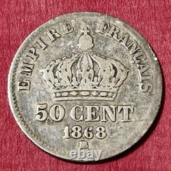France Très Rare variante 50 Centimes 1868 BB Napoléon III Argent