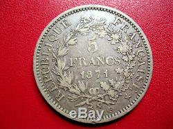 France. Très rare 5 Francs 1871 A Camelinat, trident, date espacée. Argent. TTB