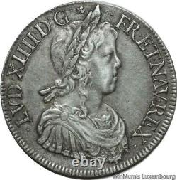 G5054 Très Rare Ecu mèche longue Louis XIV 1647 N Montpellier Argent Silver SPL