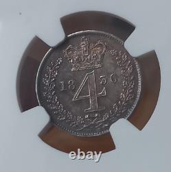 GE16! TRES RARE! 4 PENCES 1836 MAUNDY ARGENT ANGLETERRE NGC 2574 ex