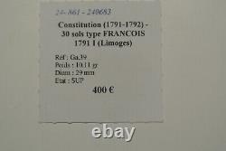 LOUIS XVI 30 SOLS type FRANCOIS 1792 I =LIMOGE SUP ètat très RARE
