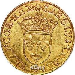 P3369 Très Rare Ecu d'or Charles IX au soleil 1566 G Poitiers Or Gold AU