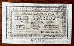 POLOGNE Bilet Skarbowy 4 zlote 1794 TRES RARE