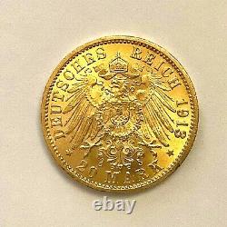 RARE Monnaie 20 Mark Or BADEN Grand-Duc Friedrich II 1913 Très bel état